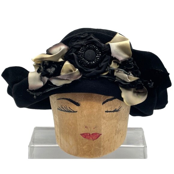 Louise Green Black Wide Brim Hat OS Black Felt with Ombre Ribbon & Bow Handmade